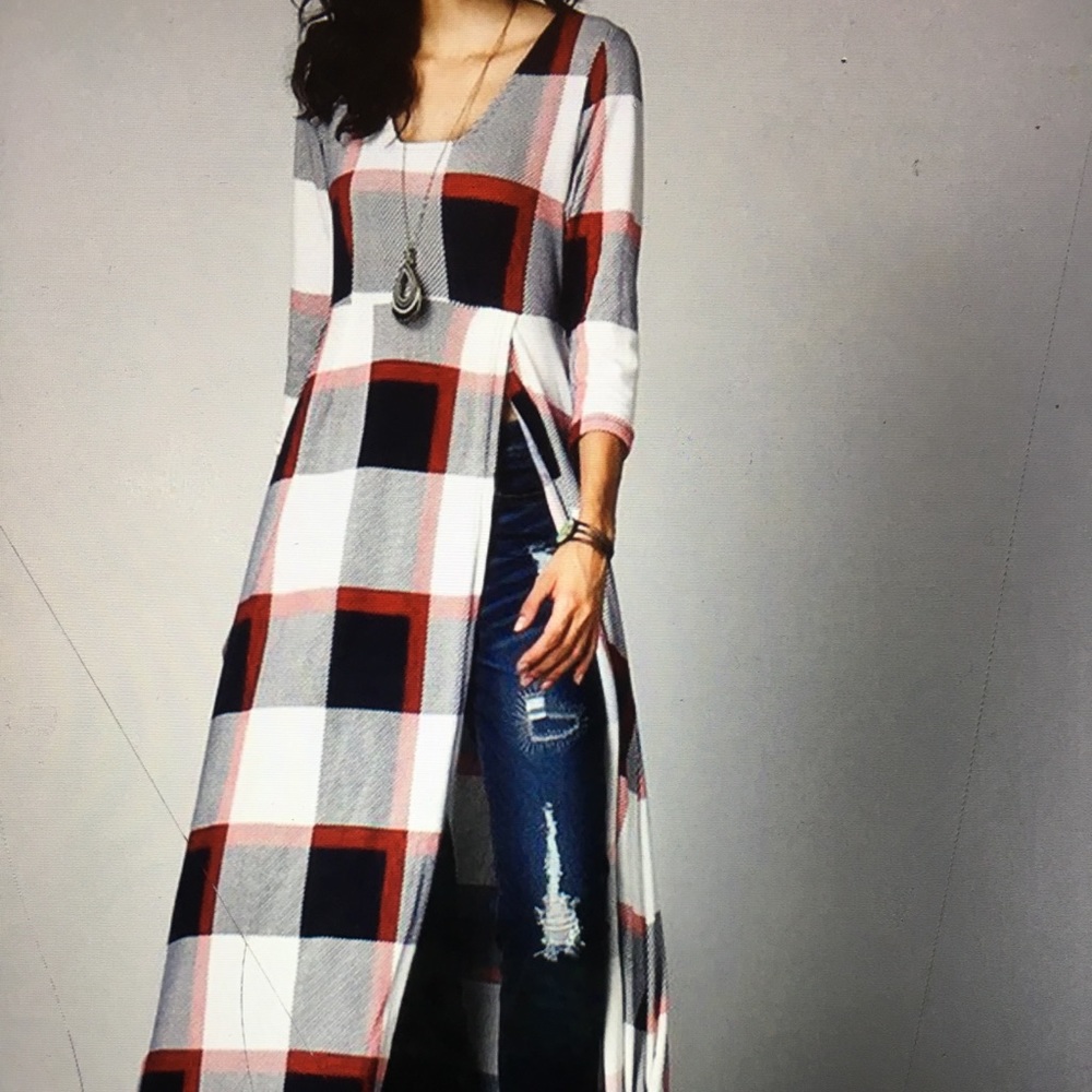 Lady check casual loose tunic dress T-shirt maxi